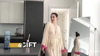 Trying on tights in beige robe | 4k | No bra and see-through #2