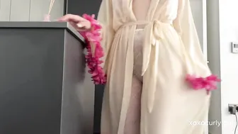 Trying on tights in beige robe | 4k | No bra and see-through #4