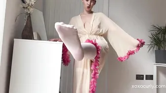 Trying On Stockings in Transparent Robe! | 4k | No bra and See-Through Mesh robe and white stockings #4