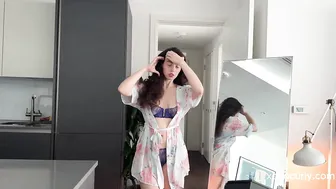 Trying on Blue lingerie in transparent robe | 4k | No-bra and see-through #3