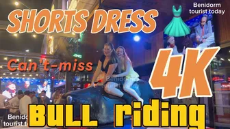 Two girls bull ???? riding in short dress ????! Mechanical bull ???? riding Benidorm! Benidorm bull ????