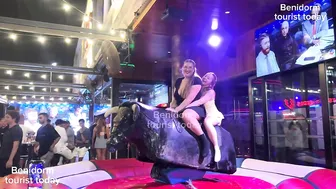 Two girls bull ♥️♥️ riding in short dress ♥️♥️! Mechanical bull ♥️♥️ riding Benidorm! Benidorm bull ♥️♥️ #2