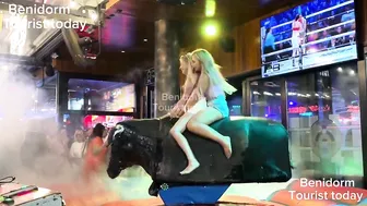 Two girls bull ♥️♥️ riding in short dresses ♥️♥️♥️♥️! bull ♥️♥️ riding in Benidorm Spain ♥️♥️♥️♥️ #3