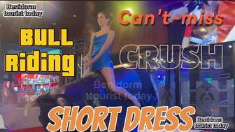 Bull ???? riding in short dress ????! Mechanical bull ???? Benidorm! Benidorm bull ????