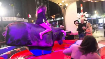 She tries to hold ‘m in ! Mechanical bull riding Benidorm Spain ♥️♥️♥️♥️ #4